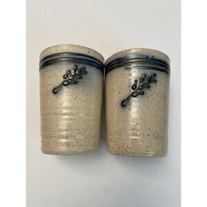 Hand Thrown Art Pottery Stoneware Tumblers Set signed RM Blue Leaf Textured Pair
